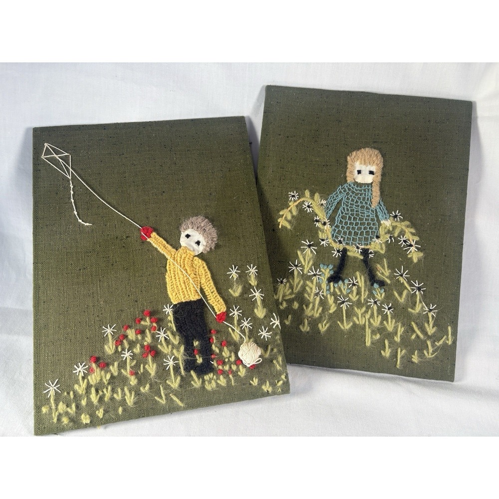 Crewel Needlepoint Art SET OF 2 Boy Girl Kite Flowers Board Back unframed 70's - Picture 9 of 12
